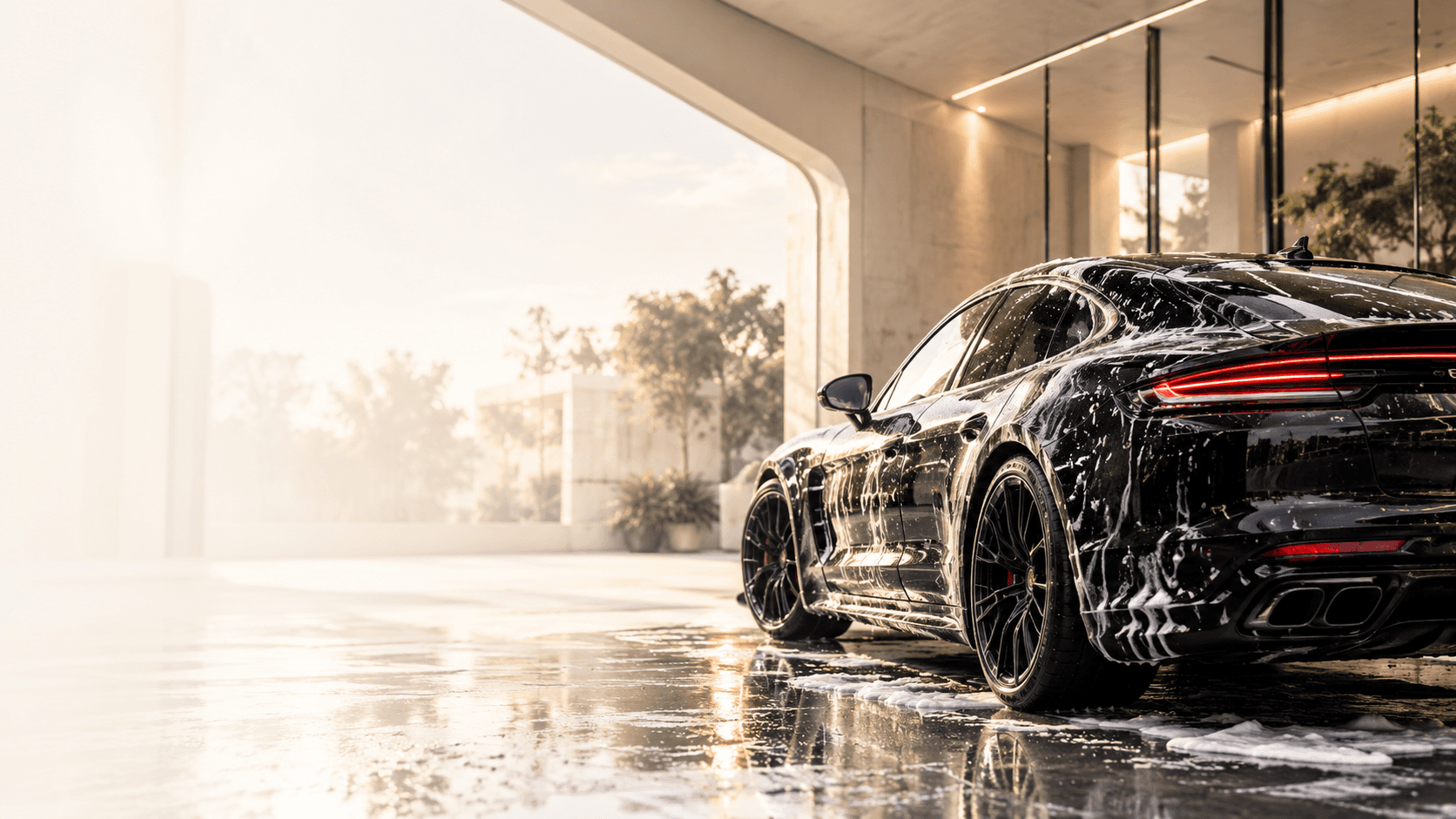 Luxe black sedan covered in wash foam in a sunlit car wash