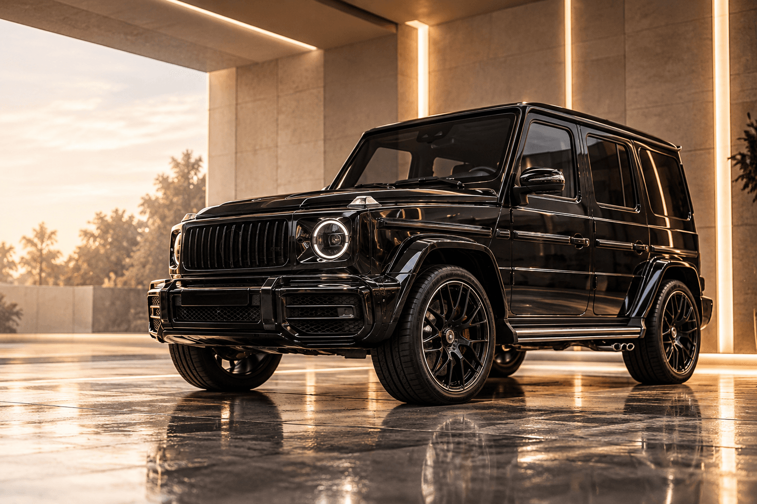 Black luxury SUV in a lit showroom
