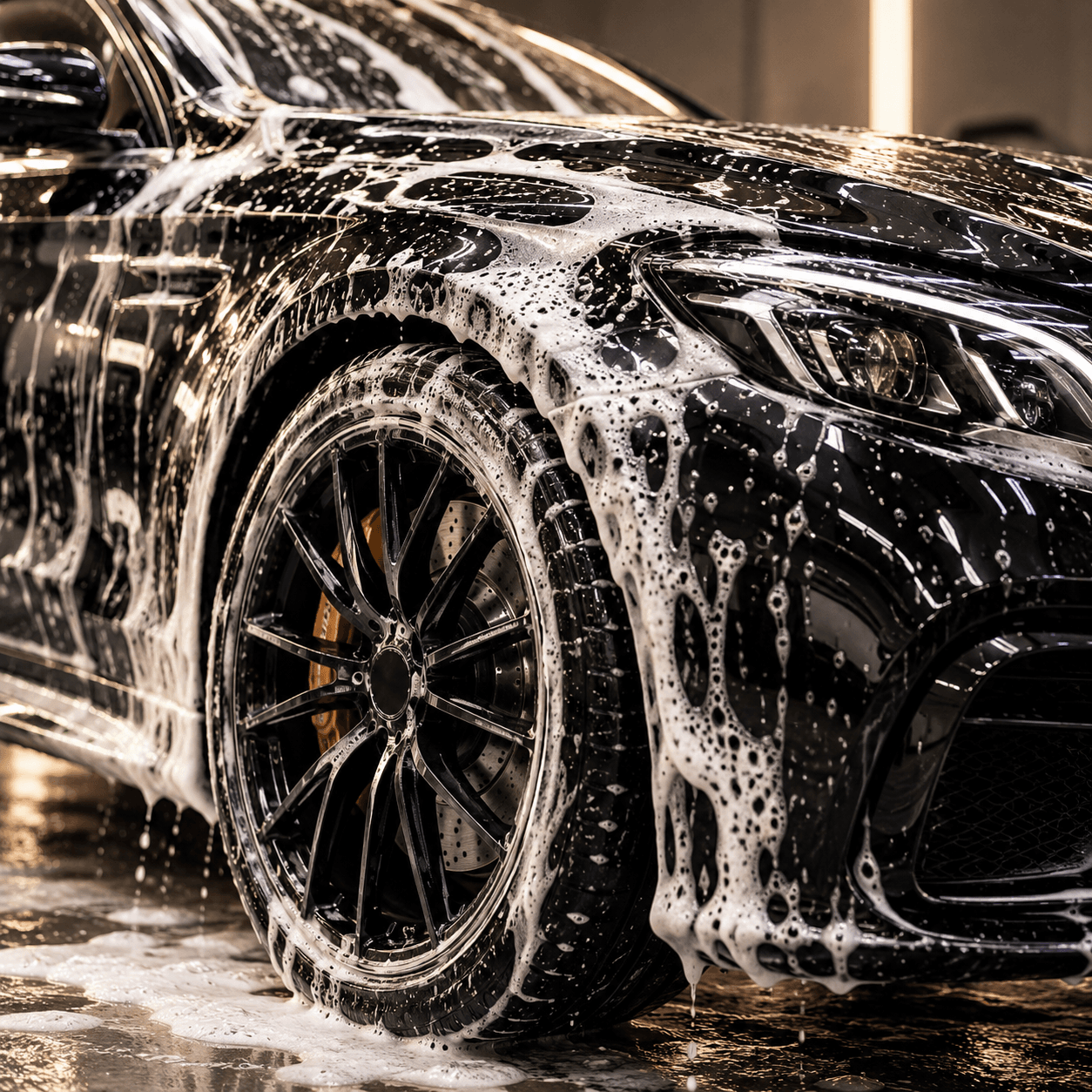 Black car front covered in white wash foam