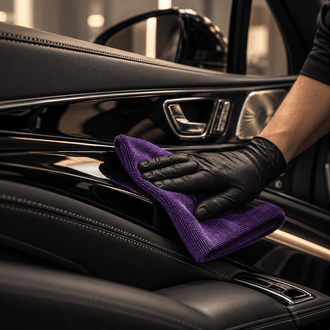 Hand wiping a leather door panel with a purple cloth