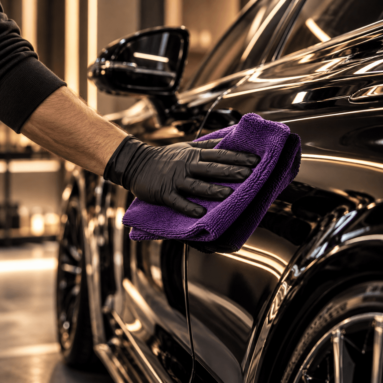 Hand polishing a black car body panel with a purple cloth