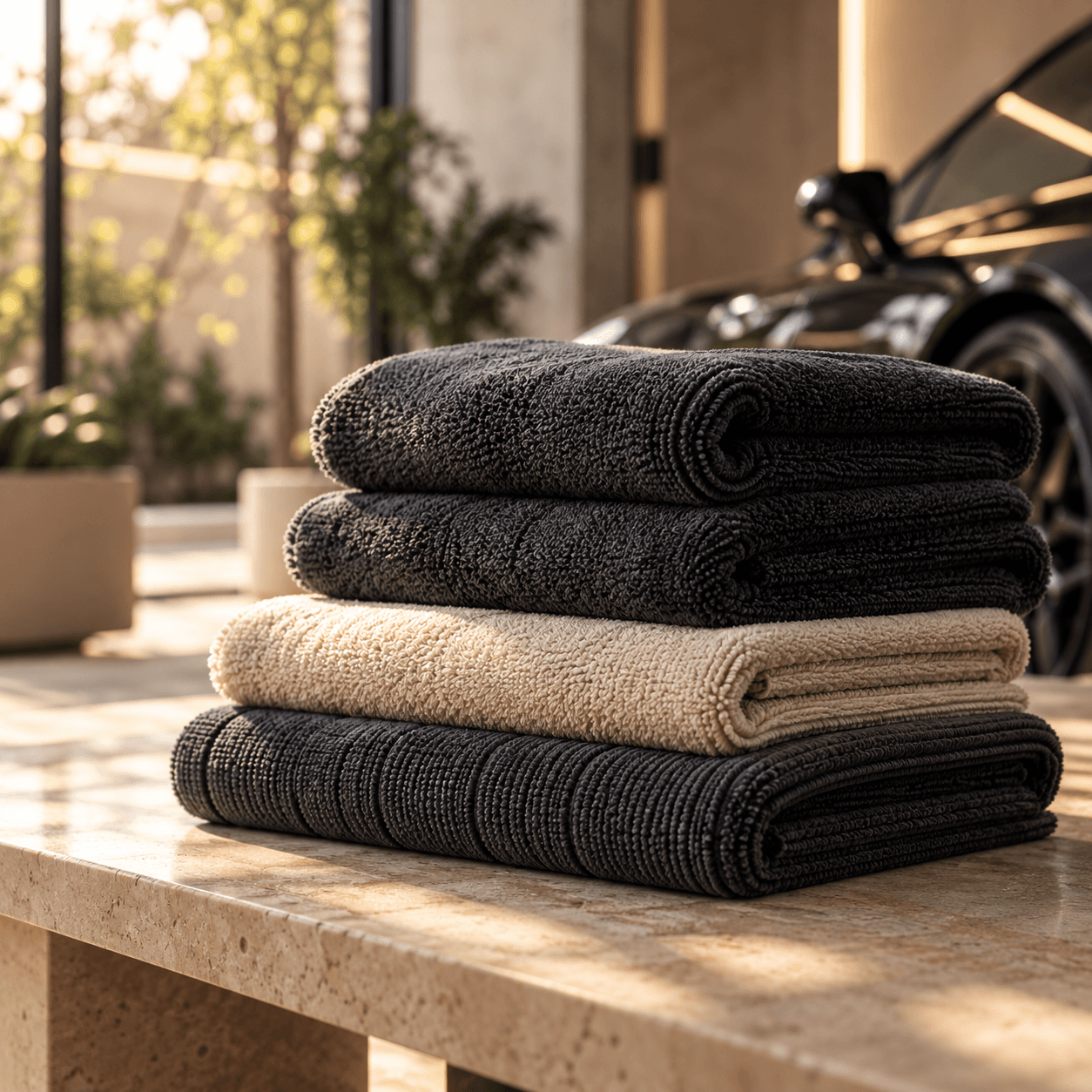 Folded microfiber towels beside a black car